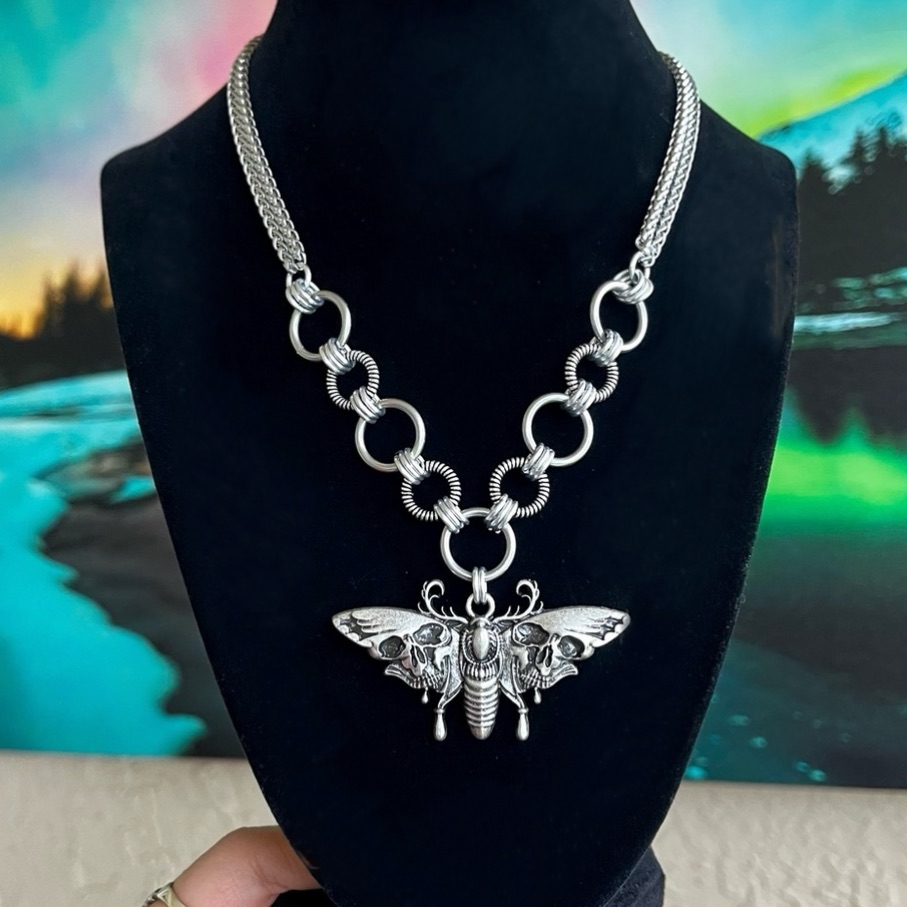 Moth Skull Charm Stainless Steel Double Wheat Chain Goth Boho Maille Necklace